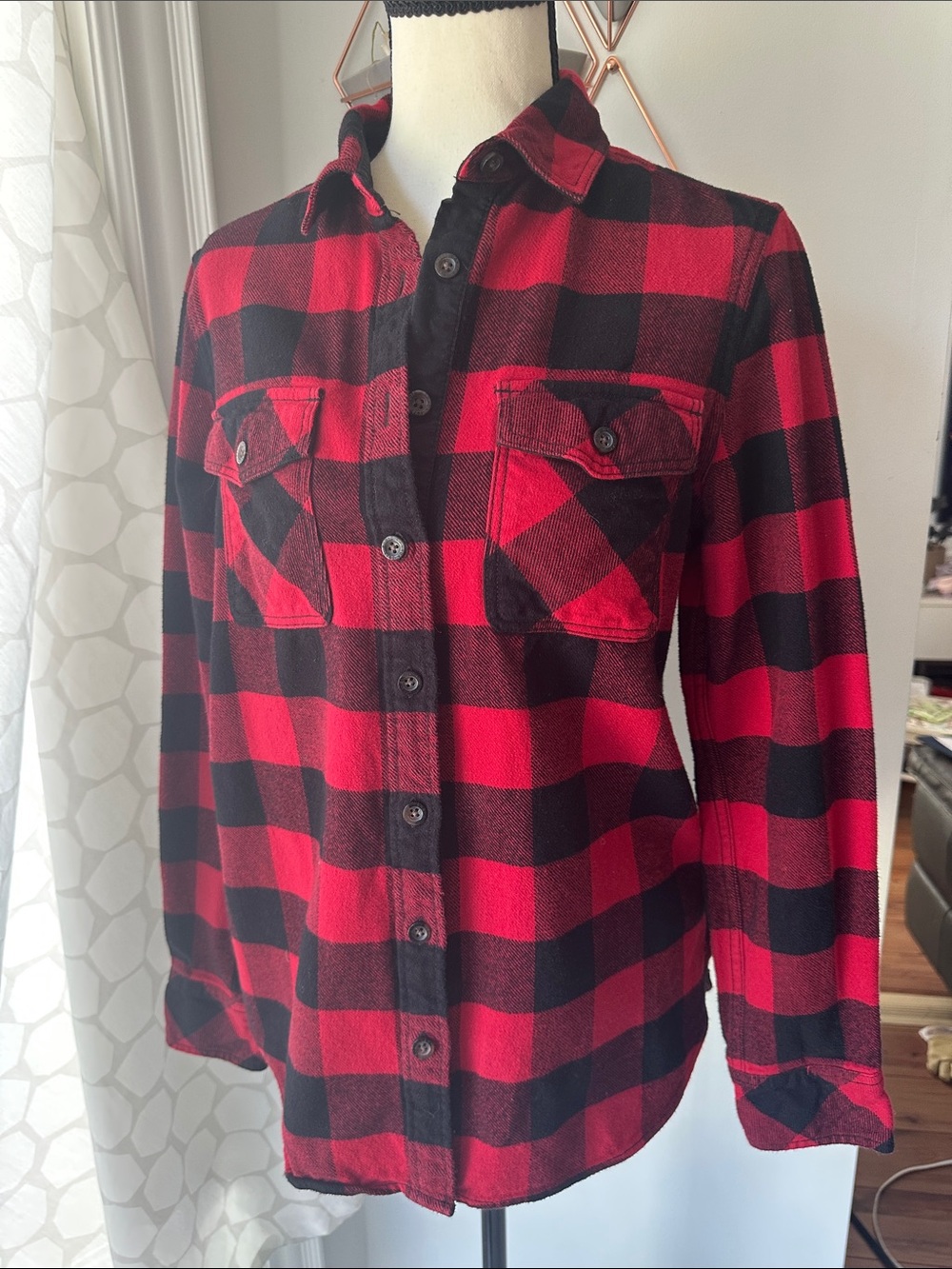 ROOTS Red Black Buffalo Plaid Flannel Button-Up Down Shirt Cotton Size XS